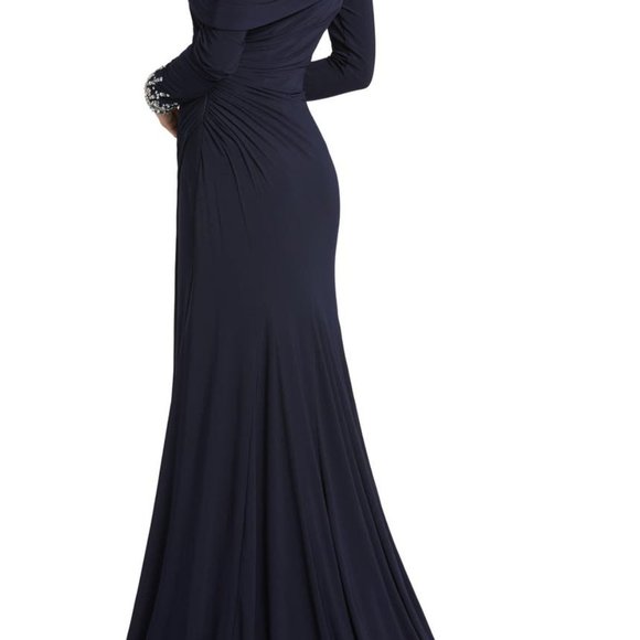 Ieena Mac Duggal 12231A One Shoulder Long Sleeve Jersey Gown SZ 0 Midnight - Picture 2 of 2